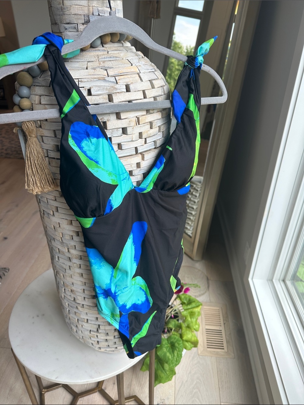 One-Piece Tie-Shoulder Swimsuit in Black with Blue & Green Floral